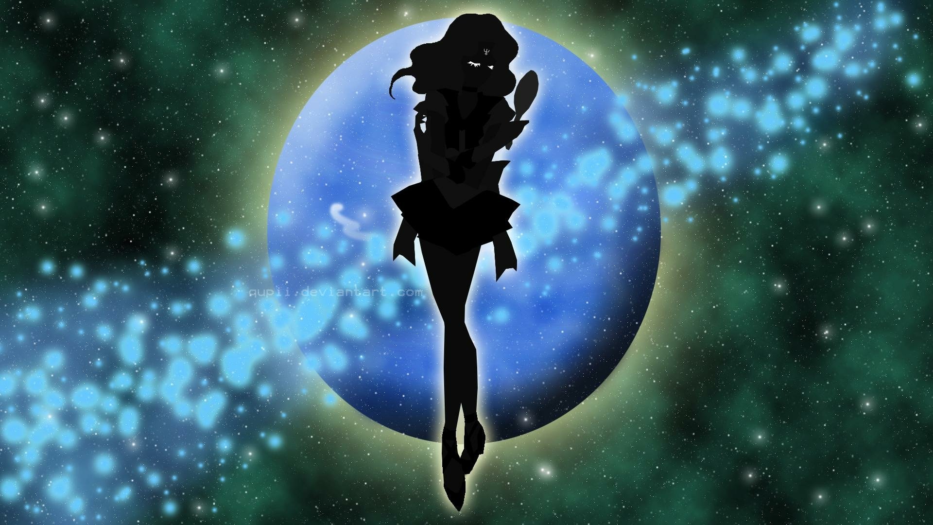 A striking HD anime wallpaper featuring a silhouette of a Sailor Moon character against a vibrant blue moon, surrounded by a starry, cosmic background.