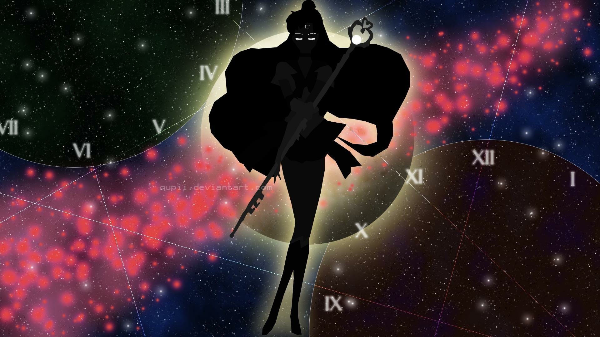A captivating HD desktop wallpaper featuring an elegant silhouette against a starry background, inspired by Sailor Moon. The design incorporates celestial elements and vibrant colors.