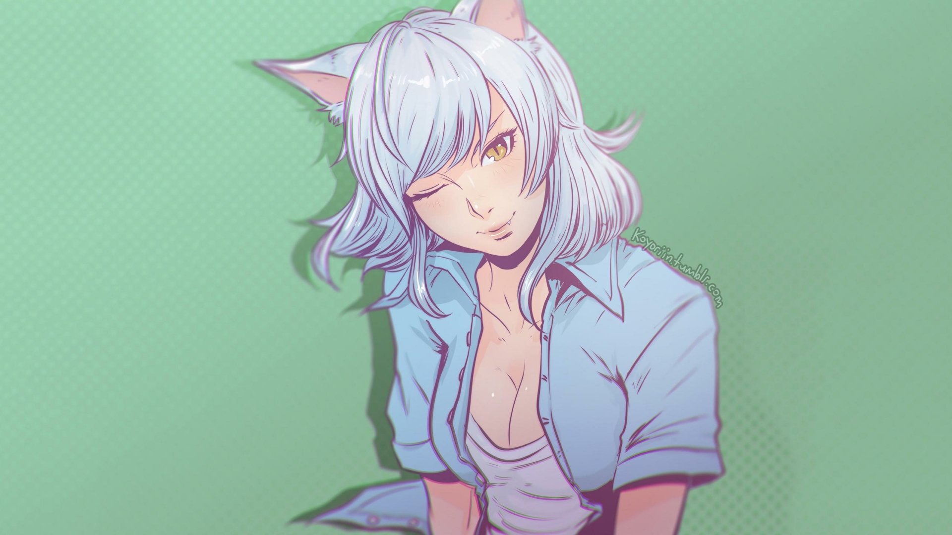 A vibrant HD desktop wallpaper featuring Black Hanekawa from Bakemonogatari, showcasing her playful personality with a wink against a green background.