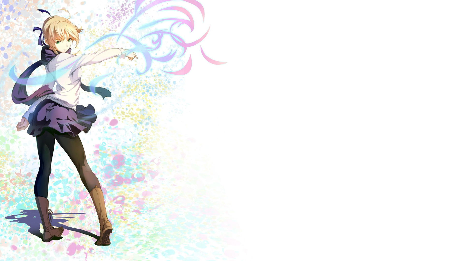 An HD desktop wallpaper featuring Saber from the Fate Series, poised in action with vibrant colors and an artistic background, capturing the essence of Fate/Stay Night.