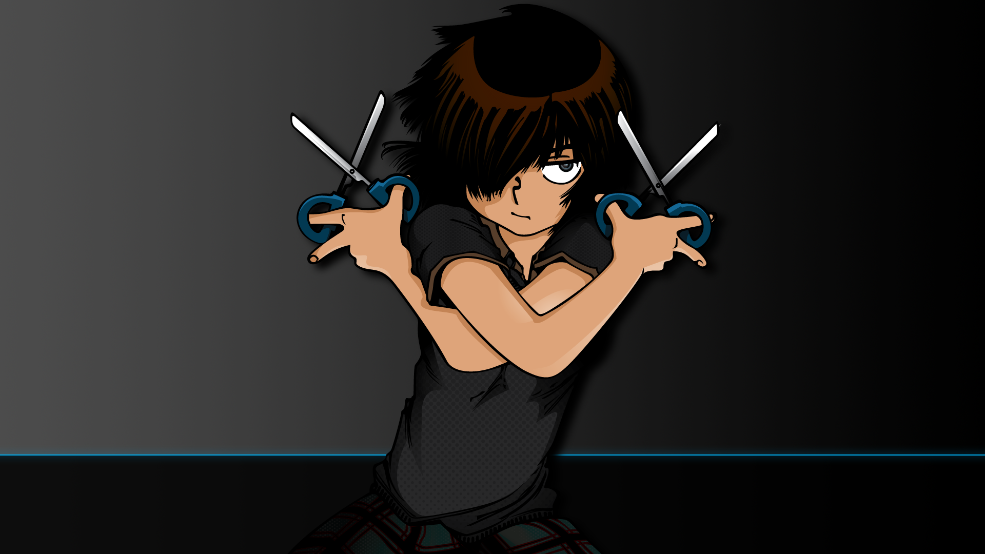 HD anime wallpaper featuring a character from Mysterious Girlfriend X holding crossed scissors against a dark gradient background.