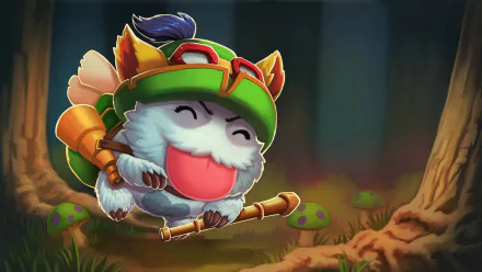 HD wallpaper featuring a Poro character dressed as Teemo from the video game League of Legends, depicted in a playful and colorful forest scene.