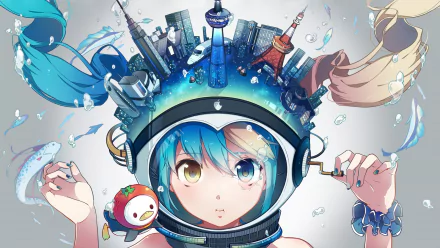 A vibrant HD wallpaper featuring Hatsune Miku, the iconic Vocaloid character, wearing a whimsical helmet adorned with cityscapes and aquatic elements.