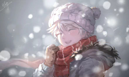 HD anime wallpaper featuring Slaine Troyard from Aldnoah.Zero, smiling warmly while bundled in winter clothing with a snowy background.