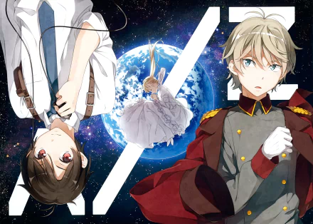 A vibrant HD desktop wallpaper featuring characters Slaine Troyard, Inaho Kaizuka, and Asseylum Vers Allusia from the anime Aldnoah.Zero, set against a backdrop of space and Earth.