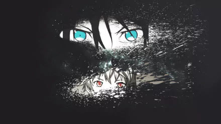 HD desktop wallpaper featuring Yukine and Yato from the anime Noragami. Their eyes, highlighted in blue and red, peer through a dark, textured background, creating a striking and mysterious visual.