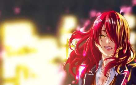 A vibrant HD wallpaper featuring Rindō Kobayashi from the anime Food Wars: Shokugeki no Soma, showcasing her striking red hair and captivating smile against a dynamic background.