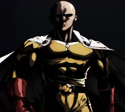 HD desktop wallpaper featuring Saitama from the anime One-Punch Man, showcasing a dramatic and powerful stance with a dark background.