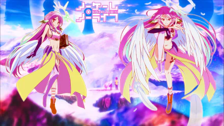 Anime wallpaper featuring Shiro, Sora, and Jibril from No Game No Life, showcasing vibrant colors and dynamic poses against a fantastical landscape.