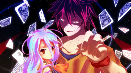 HD desktop wallpaper featuring Shiro and Sora from the anime No Game No Life. The vibrant image showcases the two characters surrounded by floating playing cards against a dark, starry backdrop.
