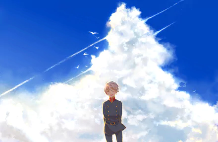 A serene HD anime wallpaper featuring Slaine Troyard from Aldnoah.Zero, standing beneath a sky filled with fluffy clouds and trailing jets, capturing a moment of contemplation.