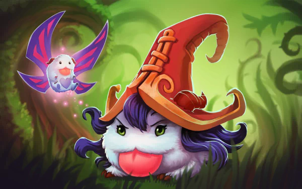 HD wallpaper featuring Lulu and a Poro from League of Legends, set in a whimsical, vibrant forest background, showcasing the playful essence of the beloved video game characters.