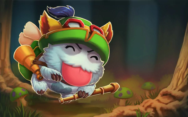 HD wallpaper featuring a Poro character dressed as Teemo from the video game League of Legends, depicted in a playful and colorful forest scene.