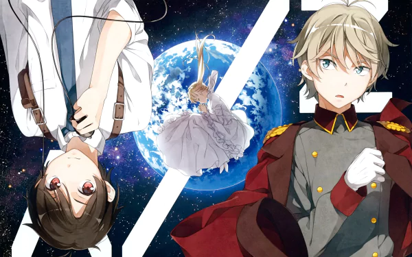 A vibrant HD desktop wallpaper featuring characters Slaine Troyard, Inaho Kaizuka, and Asseylum Vers Allusia from the anime Aldnoah.Zero, set against a backdrop of space and Earth.
