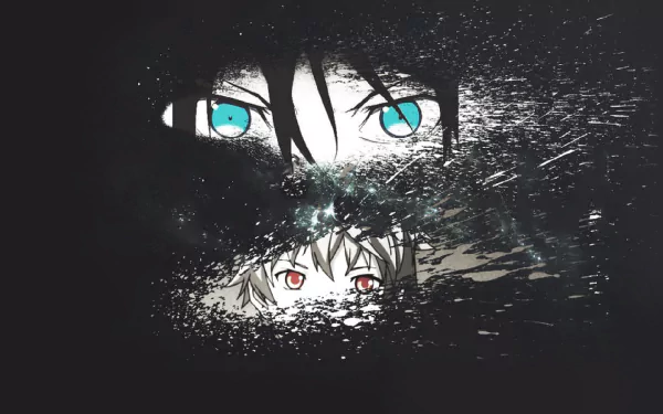 HD desktop wallpaper featuring Yukine and Yato from the anime Noragami. Their eyes, highlighted in blue and red, peer through a dark, textured background, creating a striking and mysterious visual.