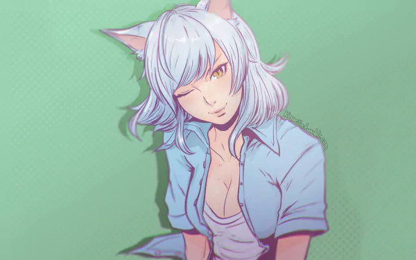 A vibrant HD desktop wallpaper featuring Black Hanekawa from Bakemonogatari, showcasing her playful personality with a wink against a green background.