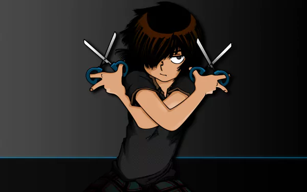 HD anime wallpaper featuring a character from Mysterious Girlfriend X holding crossed scissors against a dark gradient background.