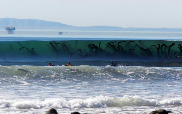 HD PC desktop wallpaper and background showing sports surfing with kayakers and surfers riding a translucent green wave toward a distant horizon.