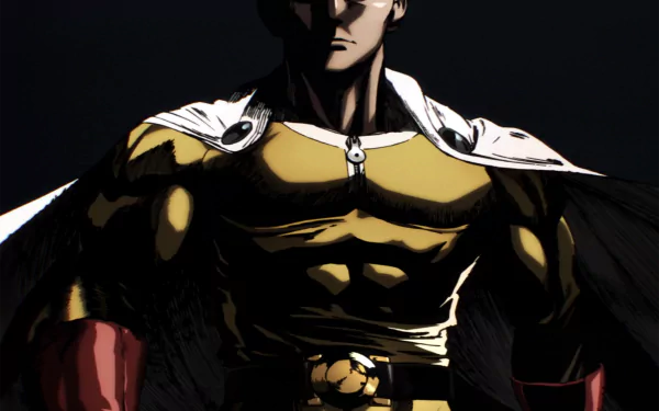HD desktop wallpaper featuring Saitama from the anime One-Punch Man, showcasing a dramatic and powerful stance with a dark background.