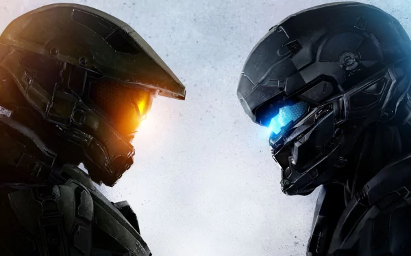 HD desktop wallpaper featuring Master Chief from Halo 5: Guardians, showcasing an intense face-off with another Spartan, set against a misty, atmospheric background.