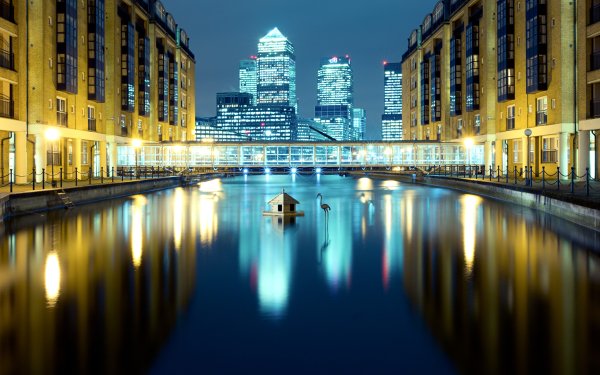 Man Made London Cities United Kingdom England Wharf Building Night Light Reflection HD Wallpaper | Background Image