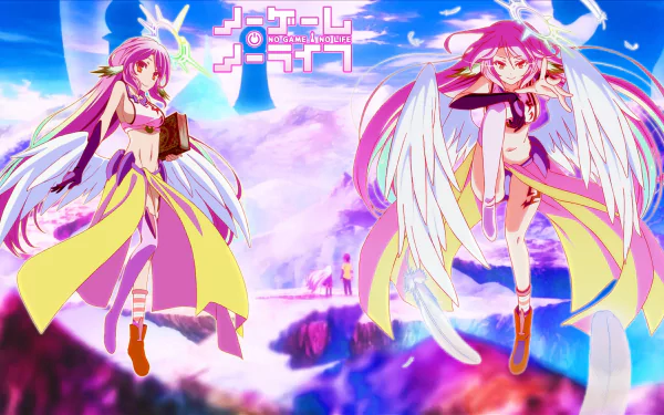 Anime wallpaper featuring Shiro, Sora, and Jibril from No Game No Life, showcasing vibrant colors and dynamic poses against a fantastical landscape.