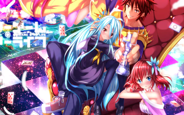 A vibrant HD wallpaper featuring characters Stephanie Dola, Sora, and Shiro from *No Game No Life*, set against a colorful fantasy backdrop with playful elements.
