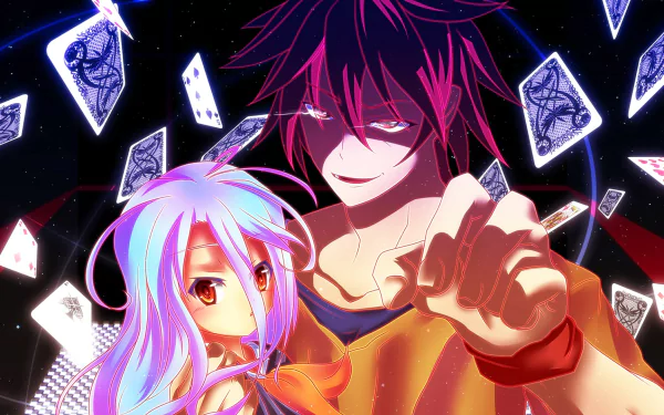 HD desktop wallpaper featuring Shiro and Sora from the anime No Game No Life. The vibrant image showcases the two characters surrounded by floating playing cards against a dark, starry backdrop.