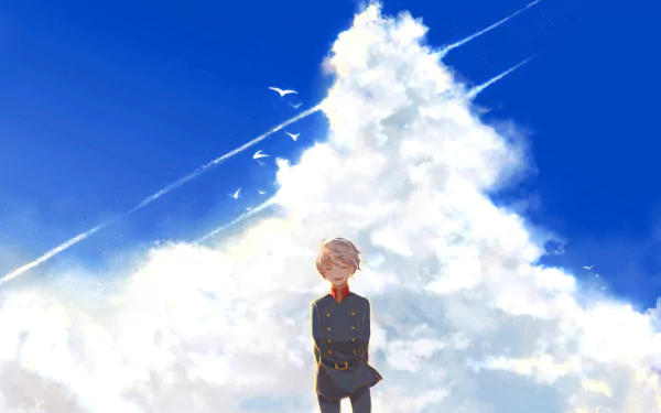 A serene HD anime wallpaper featuring Slaine Troyard from Aldnoah.Zero, standing beneath a sky filled with fluffy clouds and trailing jets, capturing a moment of contemplation.