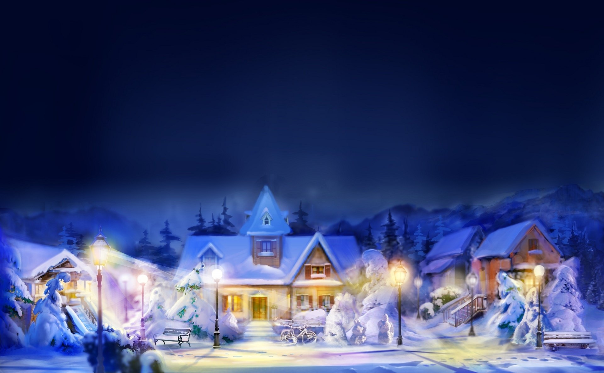 HD desktop wallpaper depicting an artistic winter scene with snow-covered houses glowing warmly under a deep blue night sky.