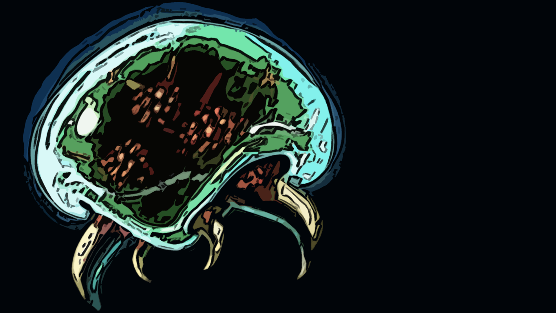 HD PC desktop wallpaper and background of a stylized Metroid from the Metroid video game, glowing translucent dome with dangling fangs set against a black backdrop.
