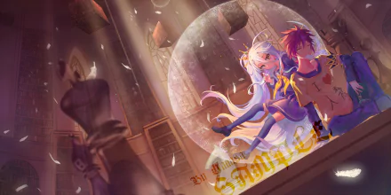HD wallpaper featuring Shiro and Sora from No Game No Life anime, set in a mystical library with floating books and gentle lighting.