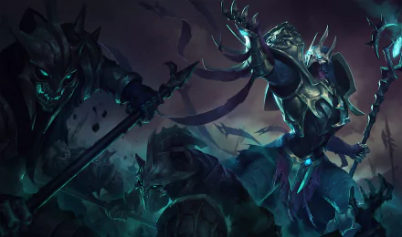 HD desktop wallpaper featuring Azir from the video game League of Legends, showcasing a dark, mystical battle scene with elaborate armor and menacing figures.