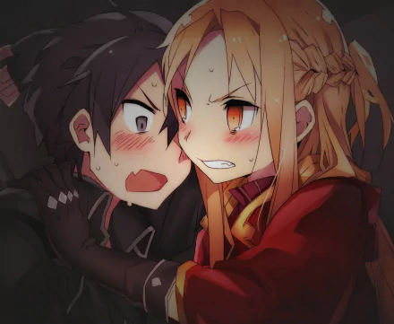 Asuna Yuuki and Kirito from Sword Art Online are depicted in an intense moment, showcasing their emotions in this HD anime wallpaper.