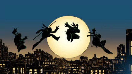 HD PC desktop wallpaper featuring comic-style Teenage Mutant Ninja Turtles silhouetted against a large full moon over a cityscape at night.