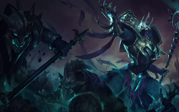 HD desktop wallpaper featuring Azir from the video game League of Legends, showcasing a dark, mystical battle scene with elaborate armor and menacing figures.