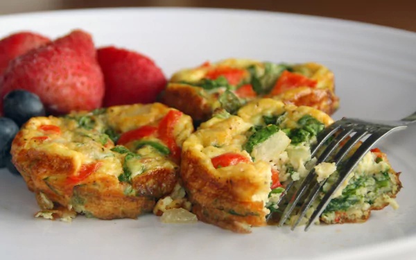 HD PC desktop wallpaper featuring a close-up of three colorful frittata muffins with vegetables on a white plate, accompanied by fresh strawberries and blueberries.
