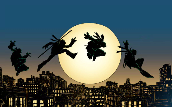 HD PC desktop wallpaper featuring comic-style Teenage Mutant Ninja Turtles silhouetted against a large full moon over a cityscape at night.