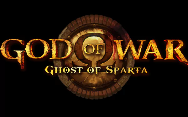 HD PC desktop wallpaper featuring the God of War: Ghost of Sparta logo with fiery text and a Spartan shield background.