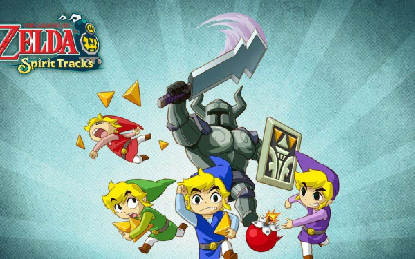 HD PC desktop wallpaper featuring characters from the video game The Legend of Zelda: Spirit Tracks in dynamic action poses against a textured blue background.