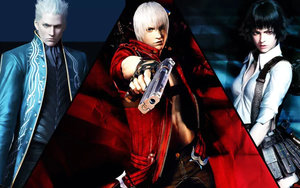 HD PC desktop wallpaper featuring characters from the video game Devil May Cry 3: Dante's Awakening, showcasing a dynamic and intense design.