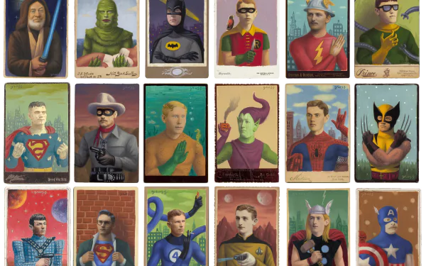 A vibrant comic collage features iconic superhero illustrations in a vintage style, creating an engaging HD desktop wallpaper for fans of comic art.