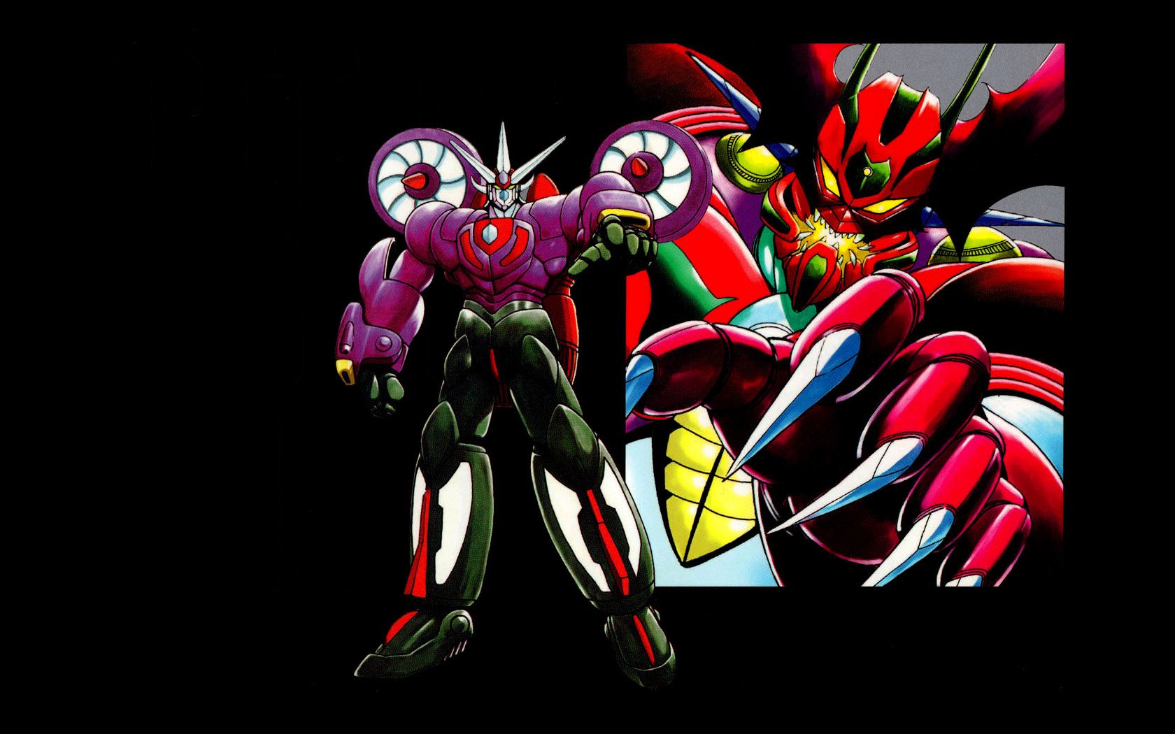 HD PC desktop wallpaper featuring vibrant anime-style Getter Robo characters with bold colors and dynamic poses on a black background.