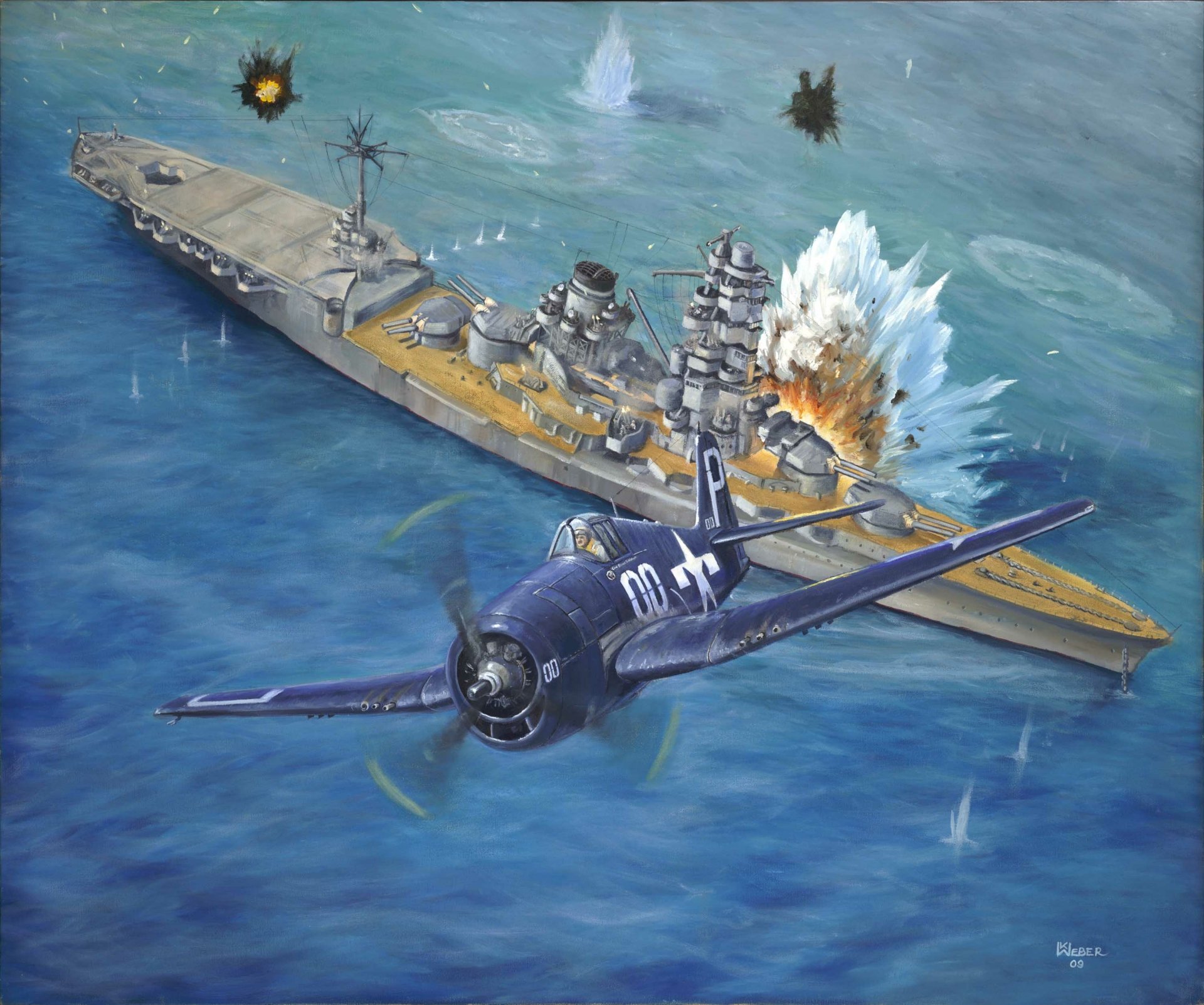 HD desktop wallpaper depicting a Grumman F6F Hellcat fighter plane engaging a battleship exploding on the ocean, showcasing military aerial combat.
