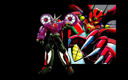 HD PC desktop wallpaper featuring vibrant anime-style Getter Robo characters with bold colors and dynamic poses on a black background.