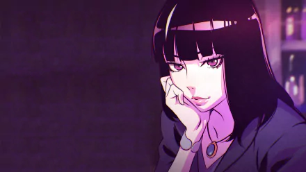 HD wallpaper featuring Chiyuki from Death Parade. She has purple eyes, black hair, and is wearing a necklace.