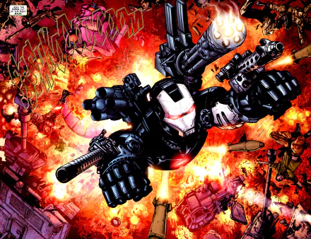 A dynamic comic-style image of War Machine, featuring explosive action and intense colors, ideal for a high-definition PC desktop wallpaper and background.