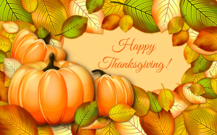 HD PC desktop wallpaper featuring vibrant autumn leaves and pumpkins surrounding the text Happy Thanksgiving, capturing the festive holiday spirit.