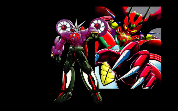 HD PC desktop wallpaper featuring vibrant anime-style Getter Robo characters with bold colors and dynamic poses on a black background.