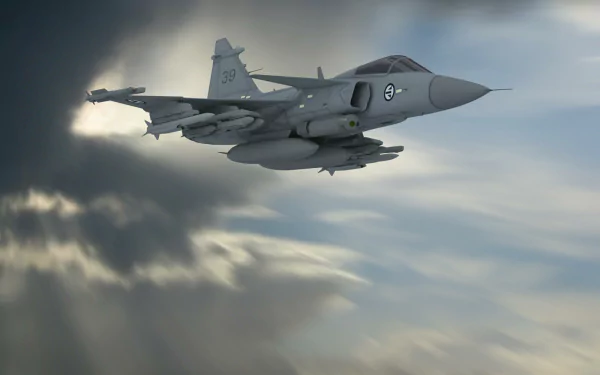 Military Saab JAS 39 Gripen fighter jet soaring through dramatic clouds — HD PC desktop wallpaper and background.